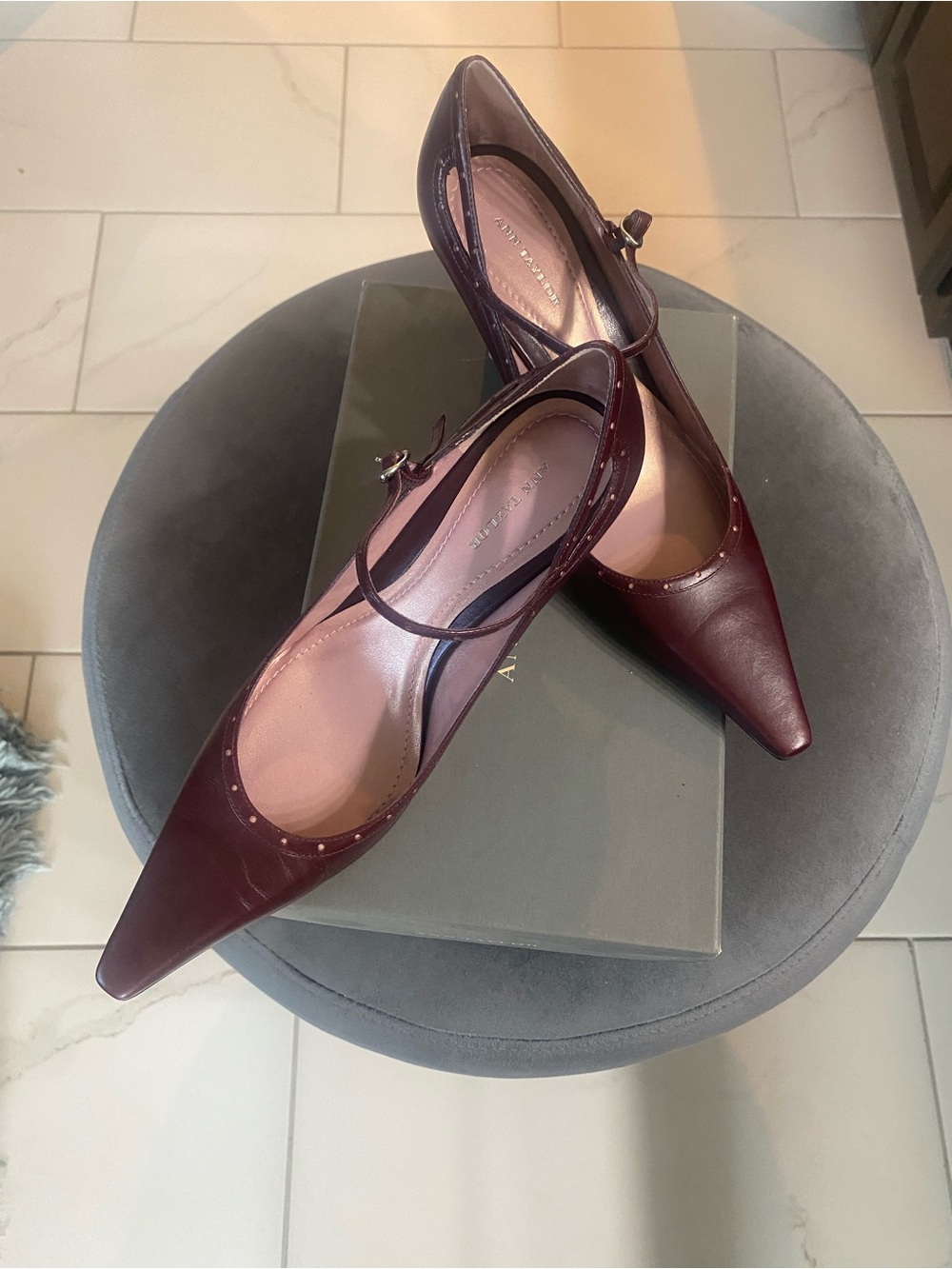 Ann Taylor Wine Pointed Mary Jane Heels with Stud Accent
